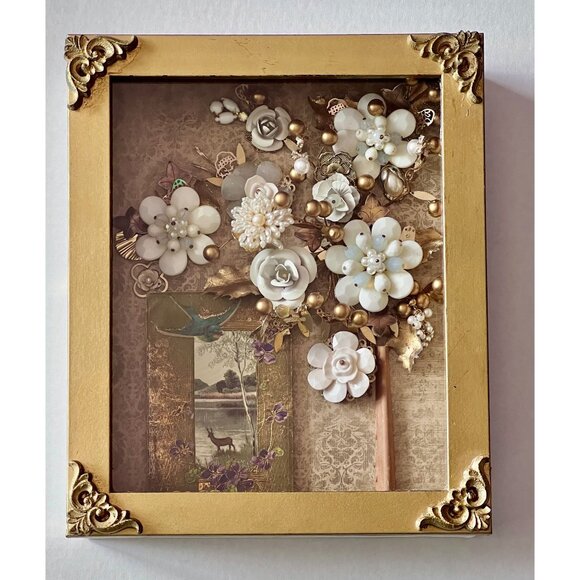 Vintage Gold Framed Flower Artwork With Pearls & Beads - Picture 1 of 10